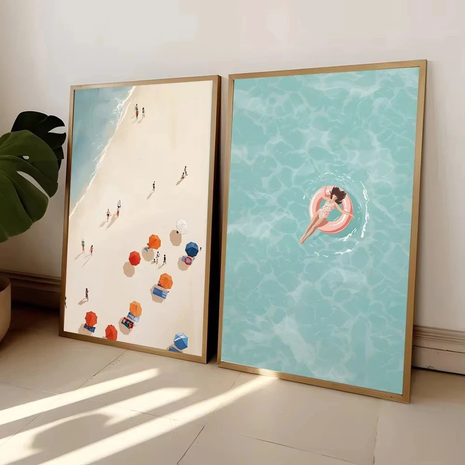 Summer Girl Swimming Pool Party Wall Art-Beach and Ocean Canvas Prints for Nordic Living Room Decor,Boat-Themed Home Art